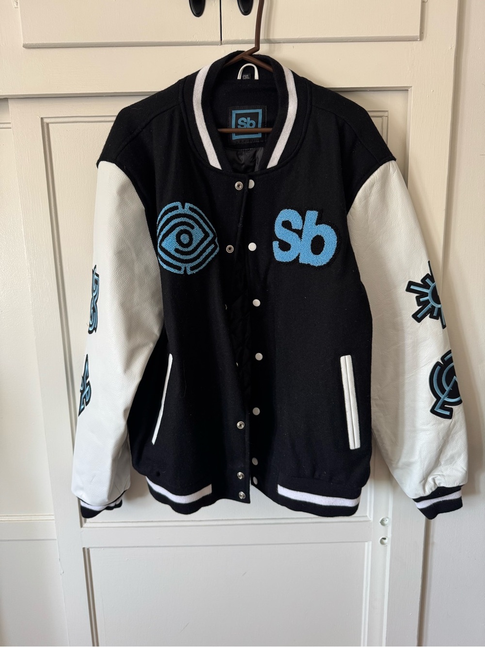 SB Black & White Varsity Bomber Jacket with Blue Logo